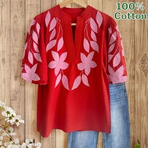 Red Floral Embroidered Women's Top